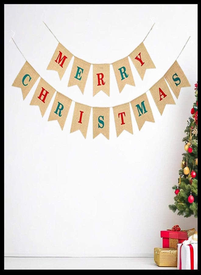 Haoser Merry Christmas Banner | 14 Flag Paper Bunting Decoration | 4x6 Inch Hessian Burlap Style Christmas Party Banner | Festive Wall Hanging Xmas Decoration for Home, Office & Events - Image 1